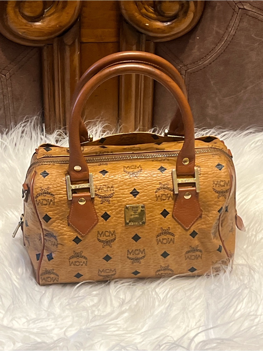 MCM vintage Cognac Logo Visetos Satchel with Brown Trim